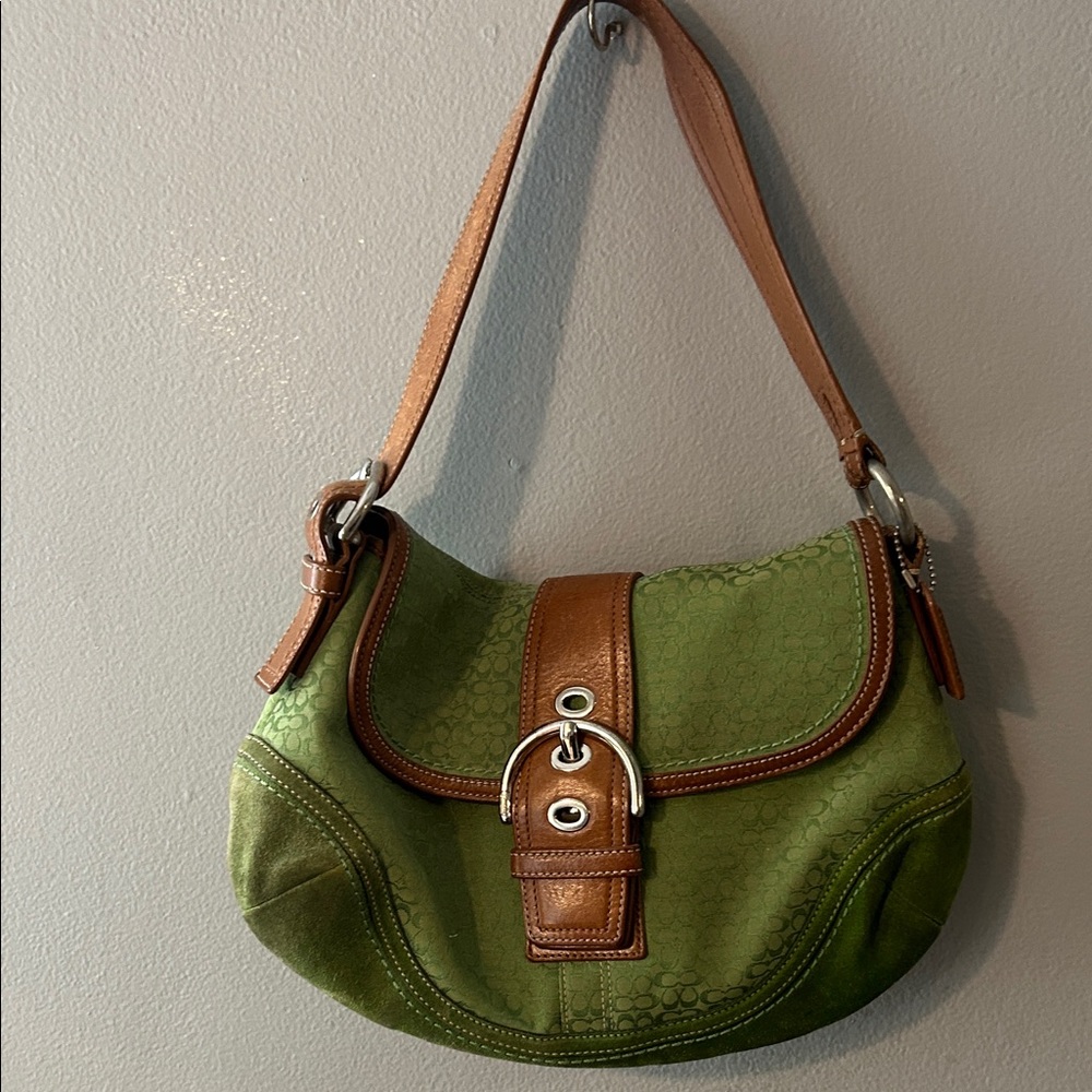 Green Coach Shoulder Bag with Brown Leather Trim
